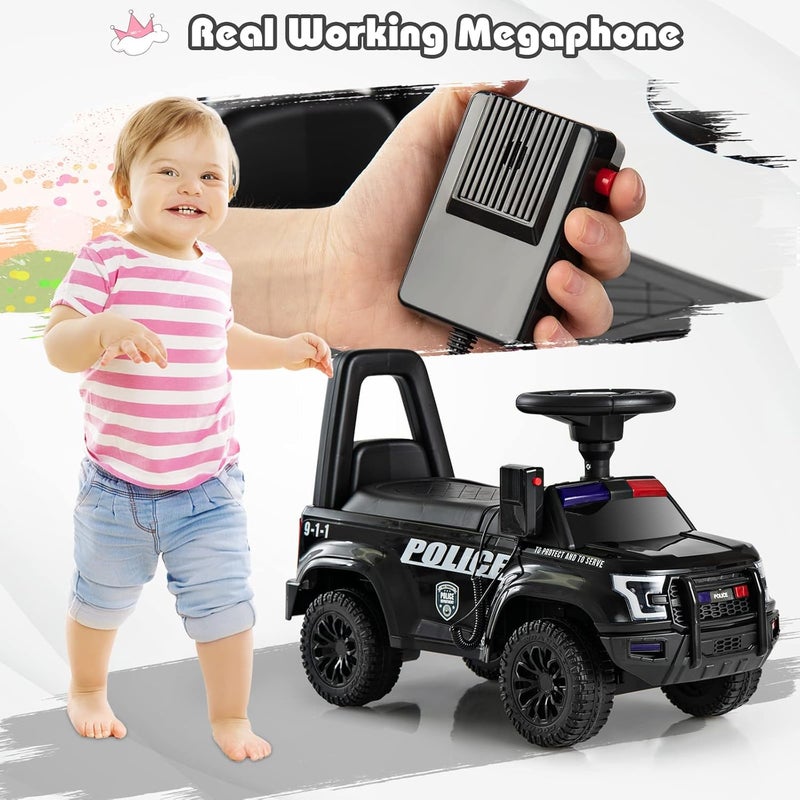 Olakids Ride On Push Police Car, Toddler Foot-to-Floor Sliding Toy with Siren, Steering Wheel, Megaphone, Horn, Headlights, Under Seat Storage, Kids Racer Walking Gift for Boys Girls 1-3 (Black) - Image 3